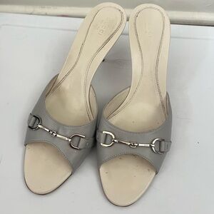Gucci Vintage Pietra Leather Horsebit Slide Mule Heels -‎ Grey Size 41 (9.5)
